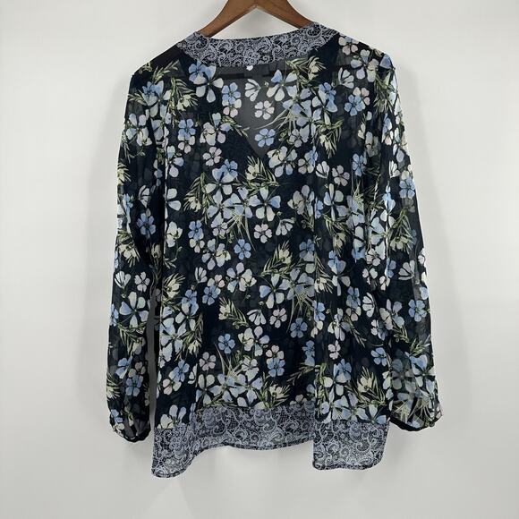 J Jill Blouse Womens Large Blue Floral Chiffon Breathable Sheer Cottage Navy Top - Picture 4 of 15